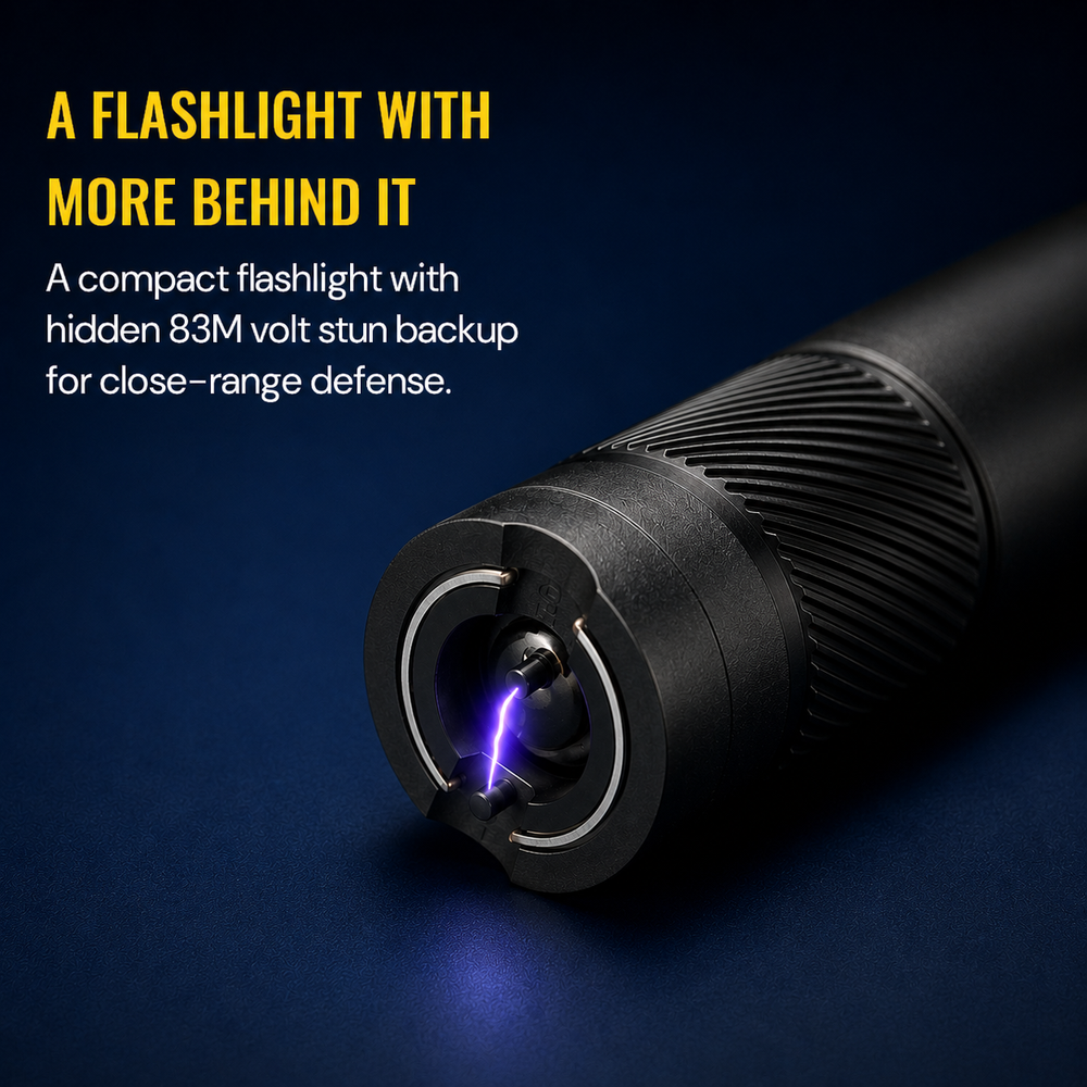 Close-up of the Streetwise Streetlight stun gun flashlight with purple arc 