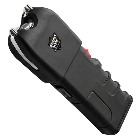 Black Streetwise Tap Out Auto Stun Gun with LED flashlight, stun probes, and ergonomic grip
