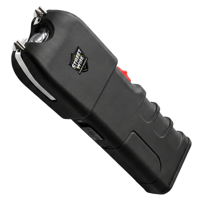 Black Streetwise Tap Out Auto Stun Gun with LED flashlight, stun probes, and ergonomic grip