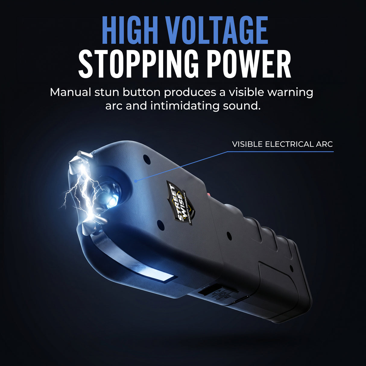 Streetwise Tap Out high-voltage stun gun producing a visible electrical warning arc