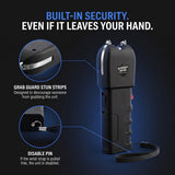 Streetwise Tap Out stun gun showing Grab Guard stun strips and wrist strap disable pin