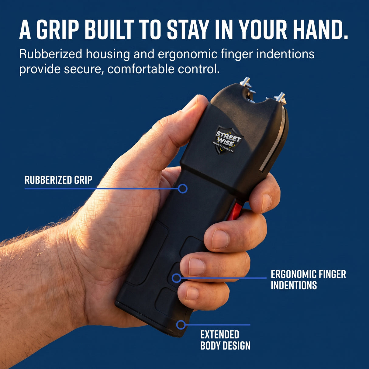 Streetwise Tap Out stun gun held in hand showing rubberized grip and ergonomic finger indentations
