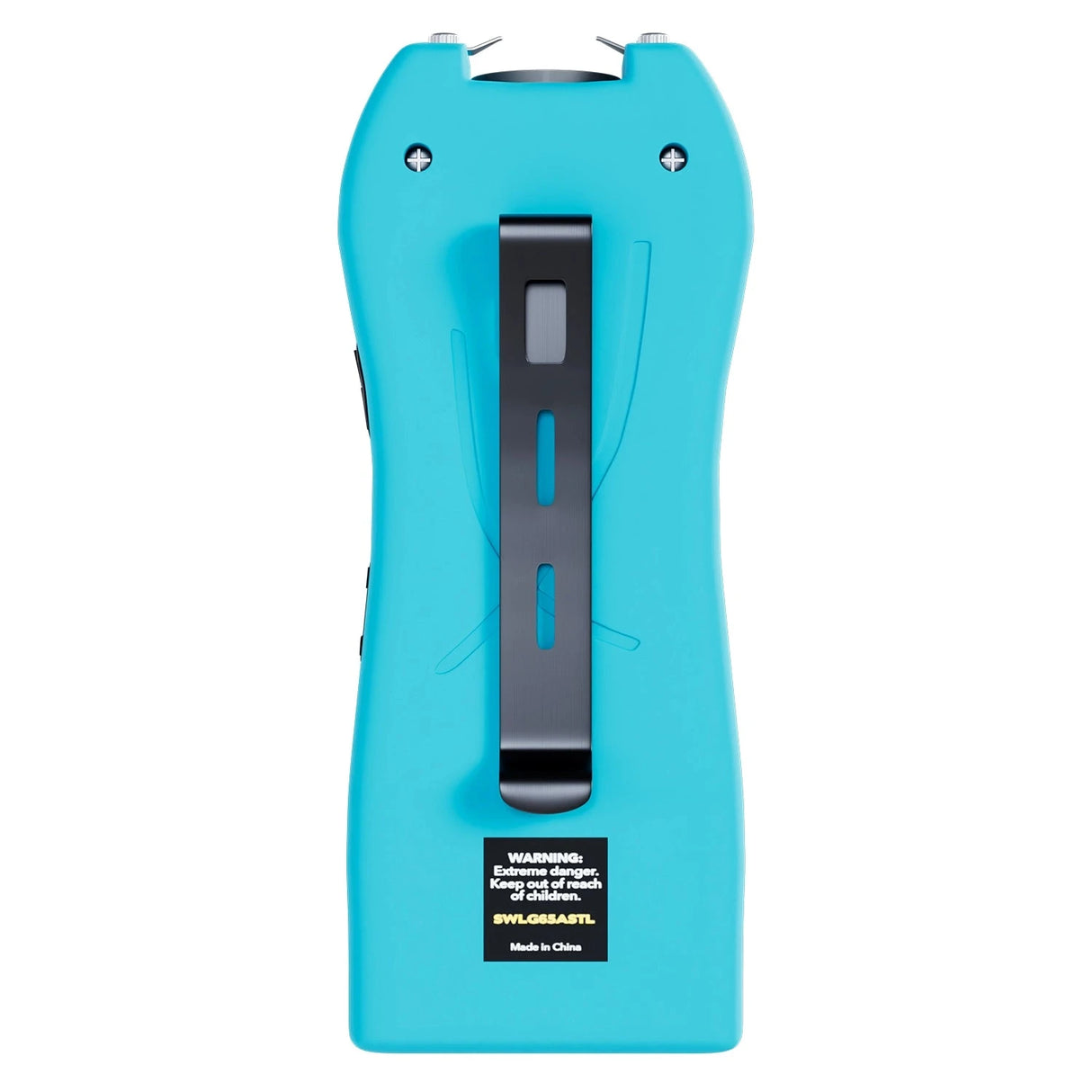 Streetwise teal Lifeguard Auto Stun Gun back view showing belt clip attachment