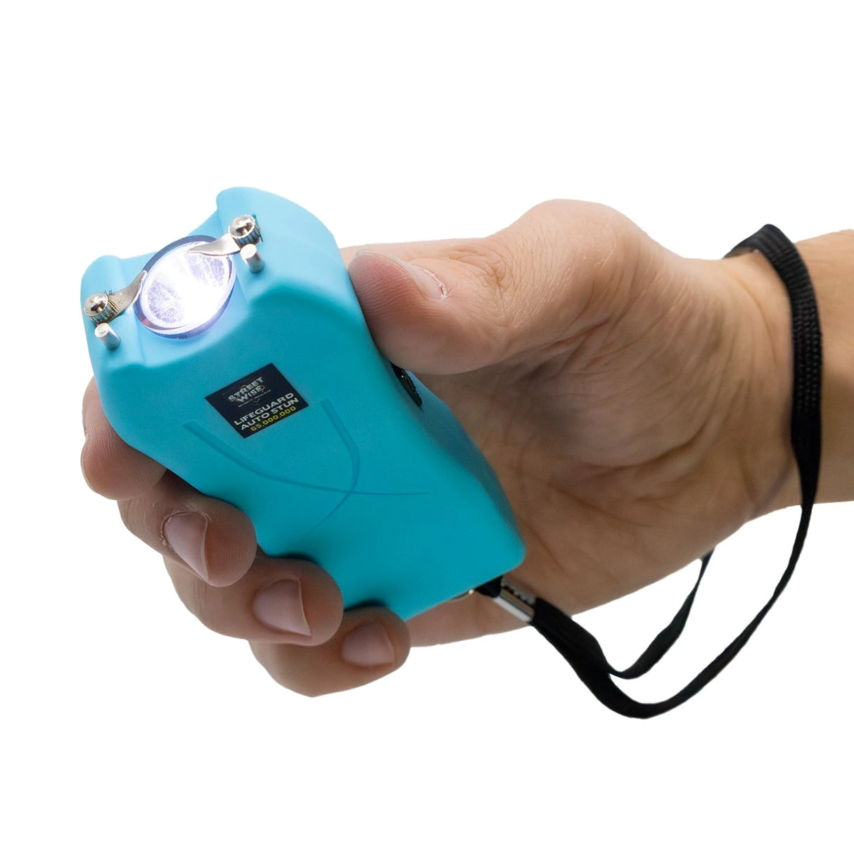 Streetwise teal Lifeguard Auto Stun Gun LED flashlight on, demonstrating dual function