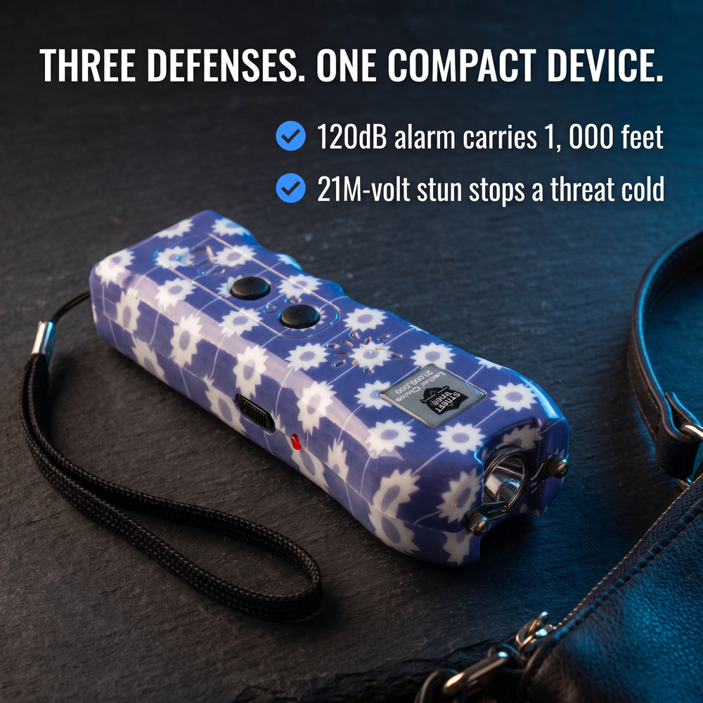 streetwise™-ladies-choice-stun-gun-with-alarm-daisy-21m Three Defenses. One Compact Device.