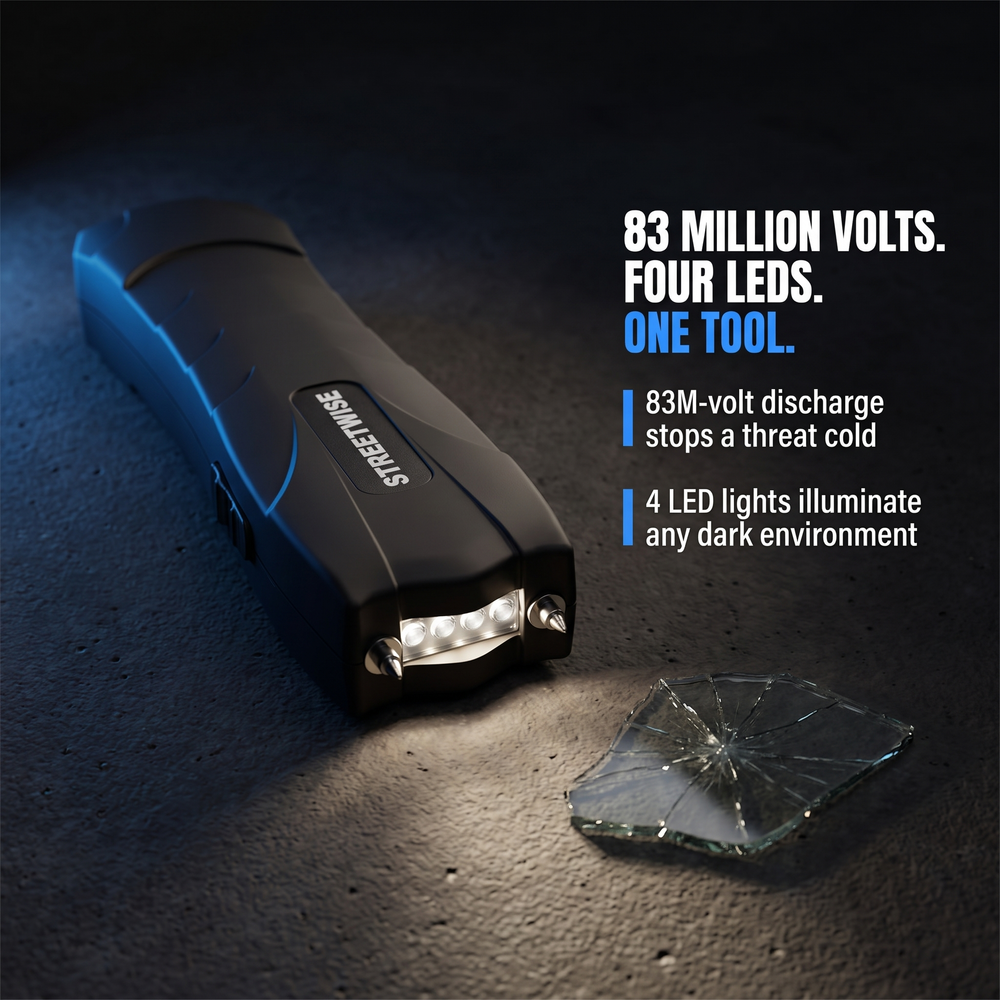 streetwise™-serpent-led-glass-breaker-stun-gun-83m-black 83 Million Volts. Four LEDs. One Tool.
