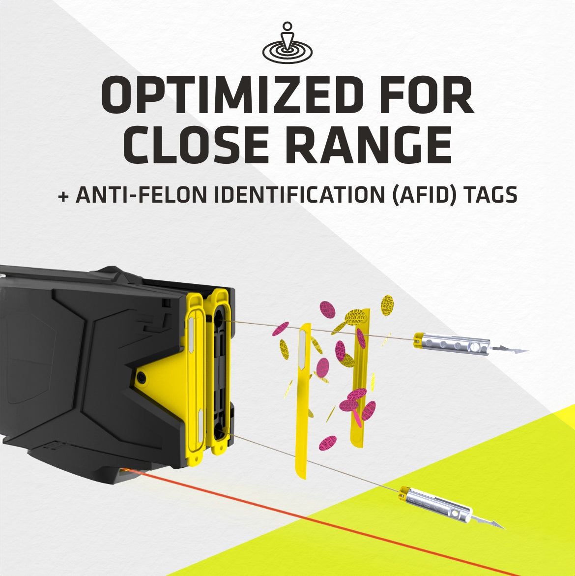 TASER X2 optimized for close-range defense showing AFID anti-felon identification tags and dual probe deployment