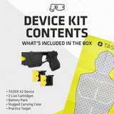 TASER X2 kit contents including device, cartridges, battery pack, target, and carrying case