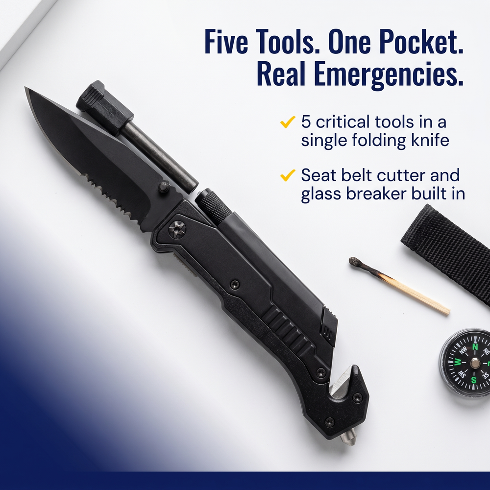 tiger-usa®-5-in-1-steel-folding-pocket-knife-w-led-light-fire-starter-black Five Tools. One Pocket. Real Emergencies.