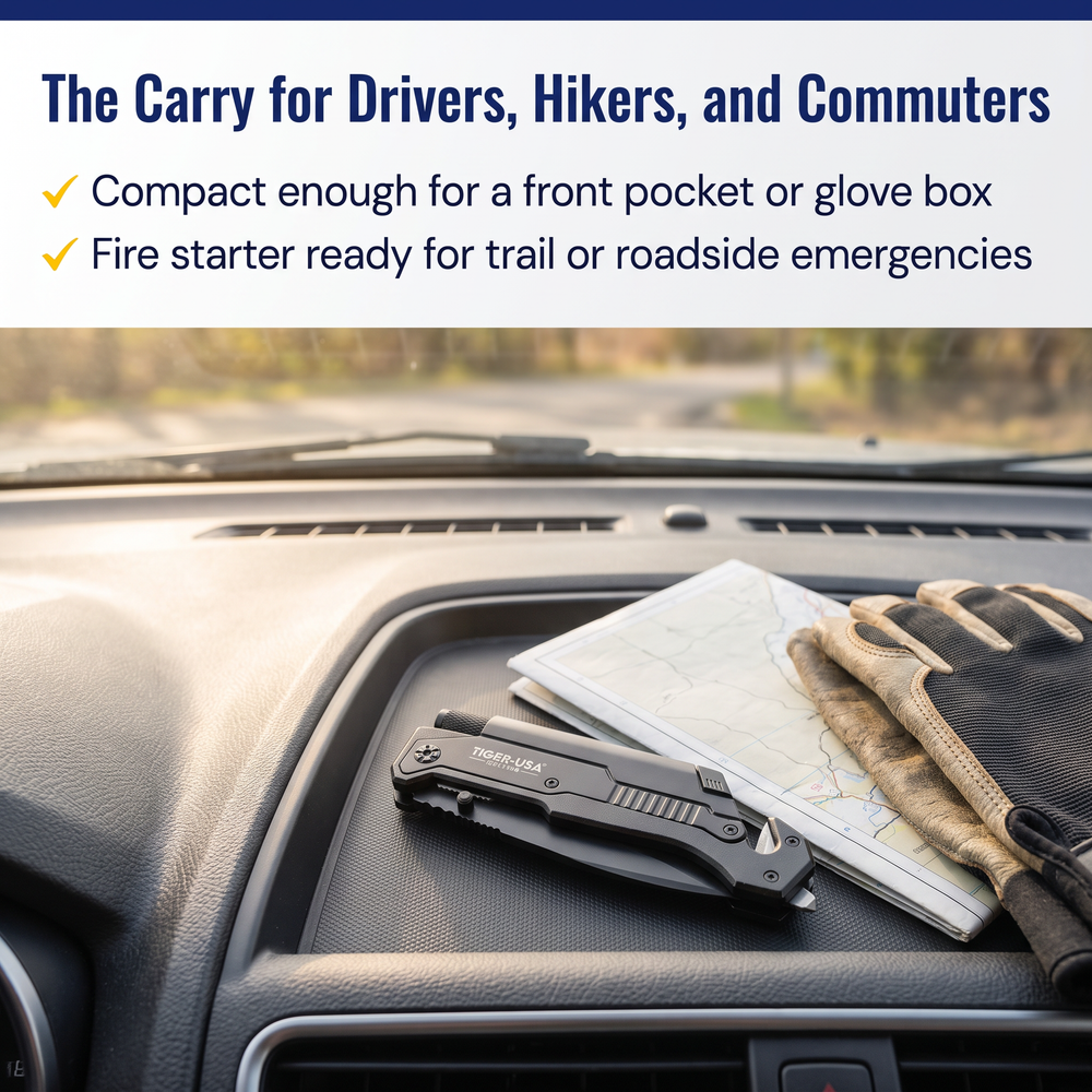 tiger-usa®-5-in-1-steel-folding-pocket-knife-w-led-light-fire-starter-black The Carry for Drivers, Hikers, and Commuters