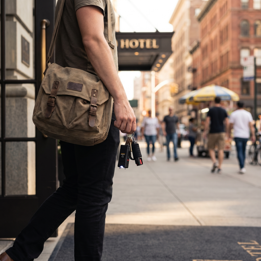 Traveler outside a city hotel holding keys with a compact stun gun and pepper spray attached