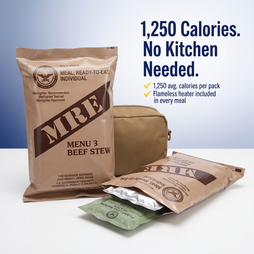 u-s-military-mre-meals-ready-to-eat-variety-pack 1,250 Calories. No Kitchen Needed.