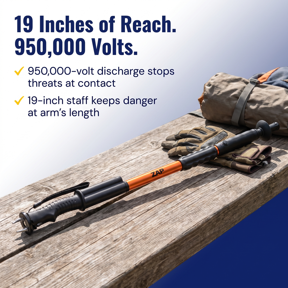 zap-hike-n-strike-led-stun-gun-staff-950k 19 Inches of Reach. 950,000 Volts.