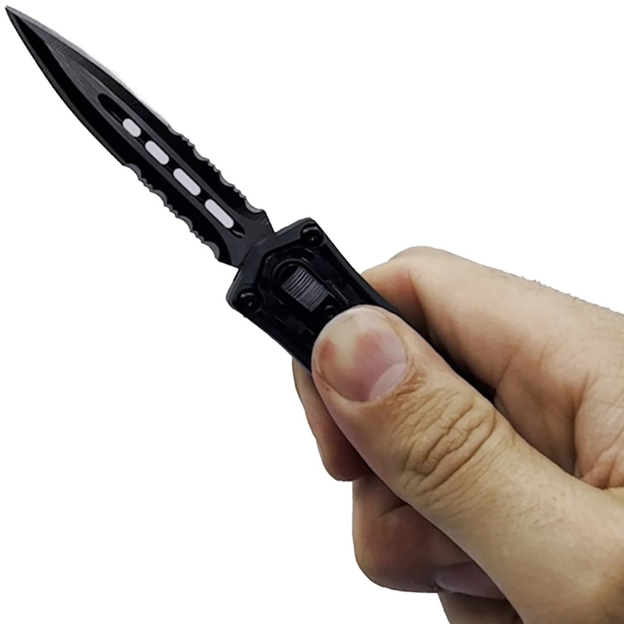 A hand holding an open 2.75"  Automatic OTF Double Edge Knife