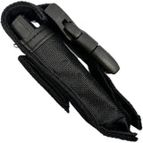 A retracted 2.75"  Automatic OTF Double Edge Knife inside its nylon sheath
