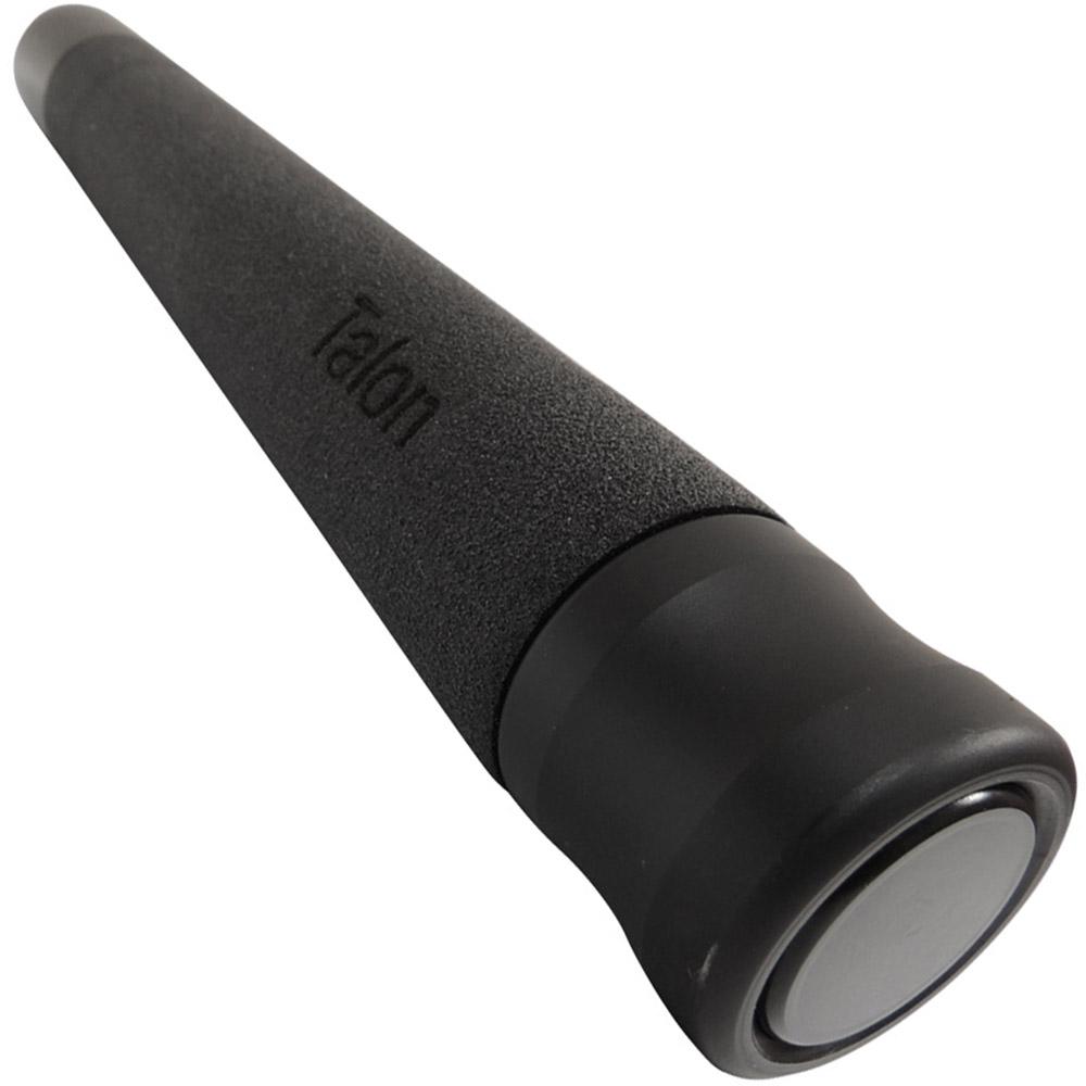 A close up view of 24" ASP Talon Infinity Black Chrome Foam Button Expandable Baton focusing on its release button
