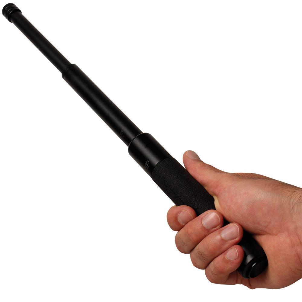 A hand holding a partially extended 24" ASP Talon Infinity Black Chrome Foam Button Expandable Baton