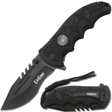 a closed and open Black 3.5" folding stainless steel pocket knife with paracord by Elite Edge