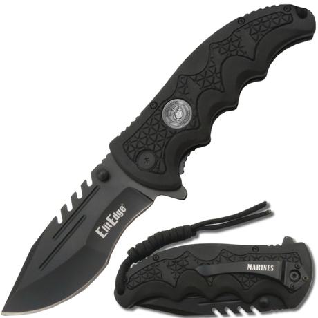 a closed and open Black 3.5" folding stainless steel pocket knife with paracord by Elite Edge