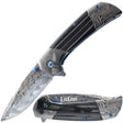 3.5" ElitEdge Titanium & Damascus Steel Folding Pocket Knife, featuring a combination of gray, silver, and black colors with blue accents on the handle shown in both open and folded state
