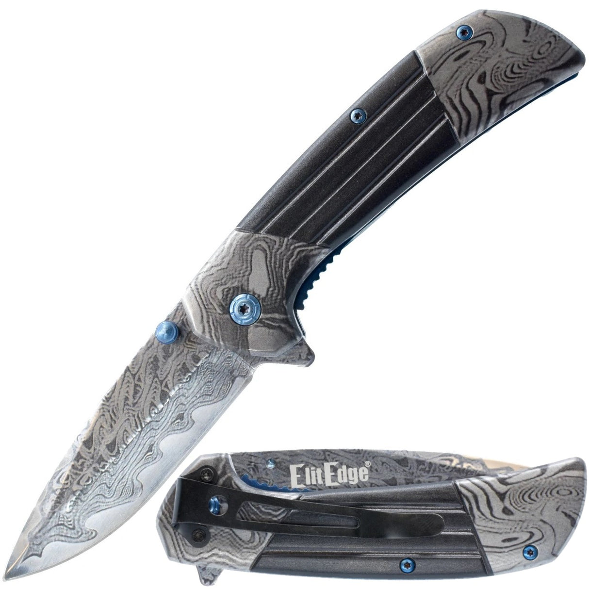 3.5" ElitEdge Titanium & Damascus Steel Folding Pocket Knife, featuring a combination of gray, silver, and black colors with blue accents on the handle shown in both open and folded state
