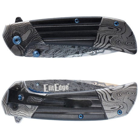 Folded 3.5" ElitEdge Titanium & Damascus Steel Folding Pocket Knife in side views showing the handle