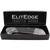 3.5" ElitEdge Titanium & Damascus Steel Folding Pocket Knife in an open packaging