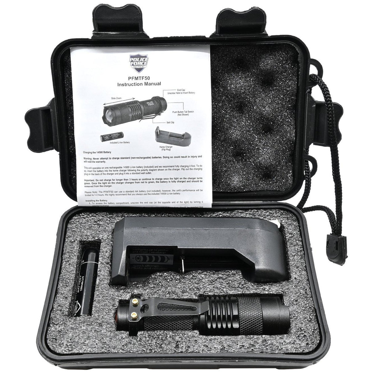Complete set of 3.5" Police Force Tactical Mini Q5 LED Zoom Flashlight 220 Lm inside a carrying case