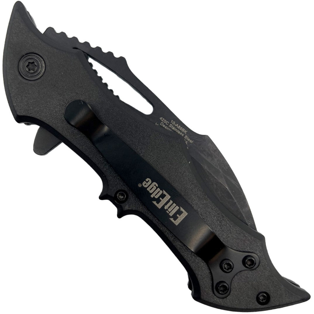 3.75" ElitEdge Bat Stainless Steel Folding Knife w/ Pocket Clip in folded state showing handle