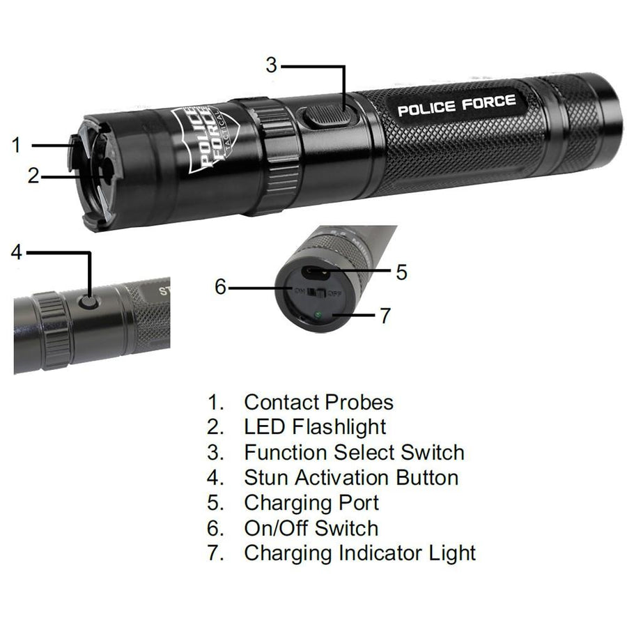 Police Force Tactical Stun Gun Flashlight Black 9.2M