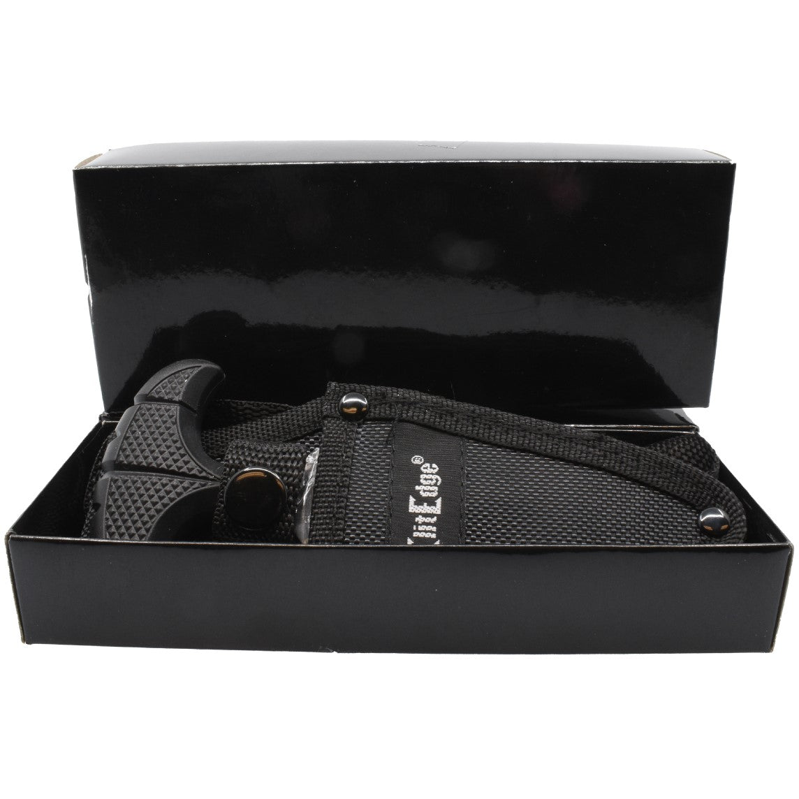 Black 3" ElitEdge Steel Push Dagger Tactical Knife inside a nylon sheath in an open packaging