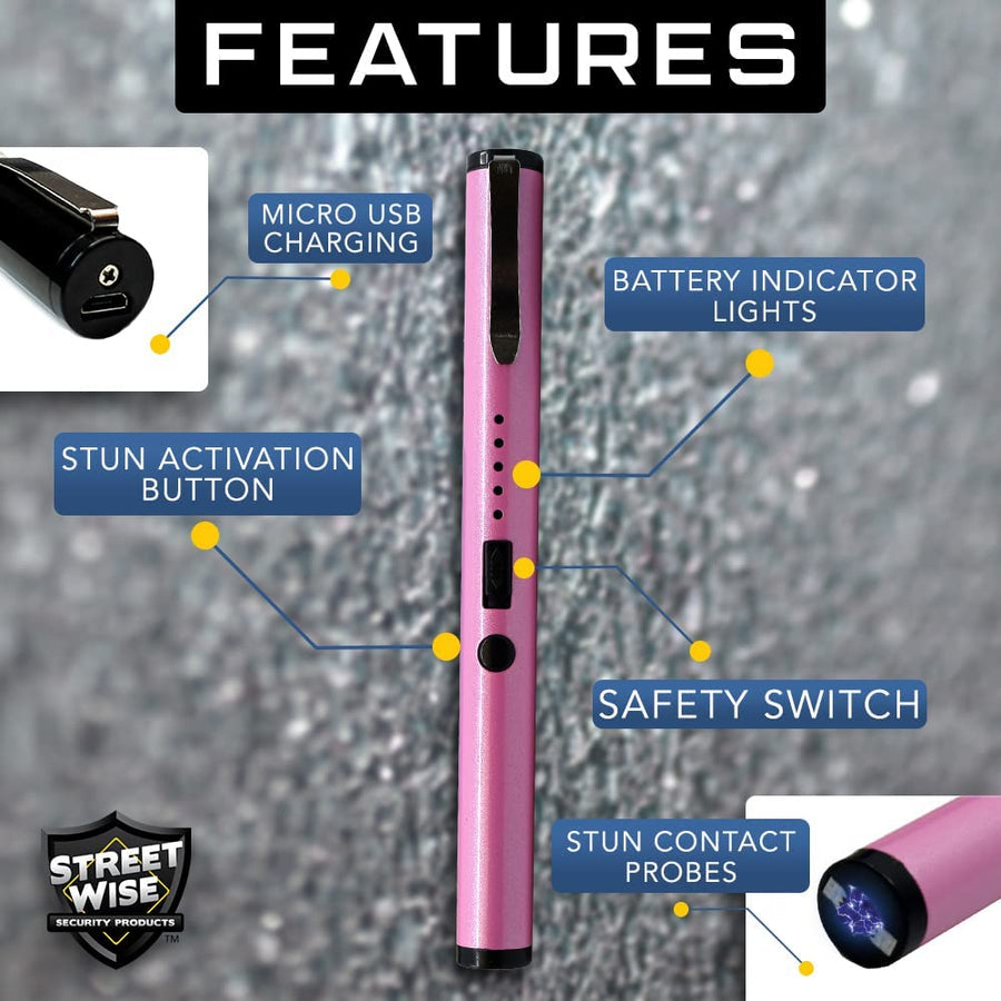 Streetwise™ Pain Pen 6" Rechargeable Stun Gun Pen 25M - Pink