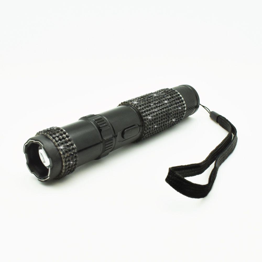 A black 75M JOLT RhineStun Gun Rechargeable Flashlight with wrist strap