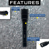 Features of 95M JOLT Rechargeable Police Stun Gun Flashlight including the charging port, functon switch and stun contact probes