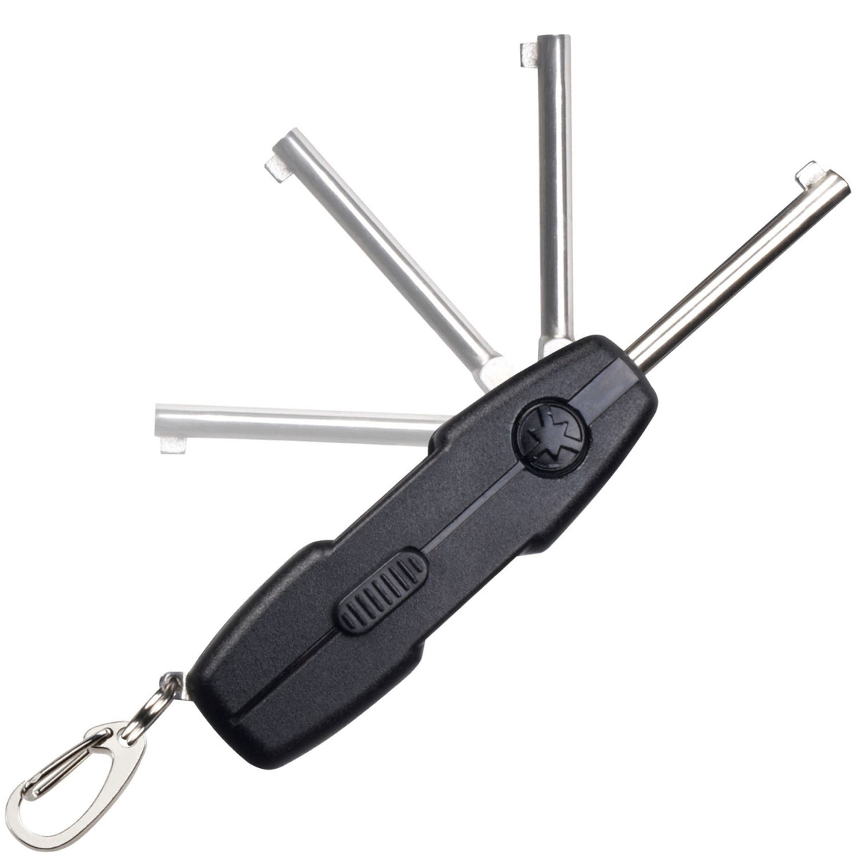 A black ASP AutoKey Folding Spare Handcuff Key with the key shown in a motion-open position.
