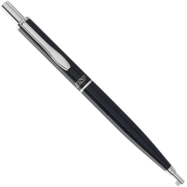 A black ASP  LockWrite Pocket Pen that doubles as a Spare Handcuff Key, with silver accents.
