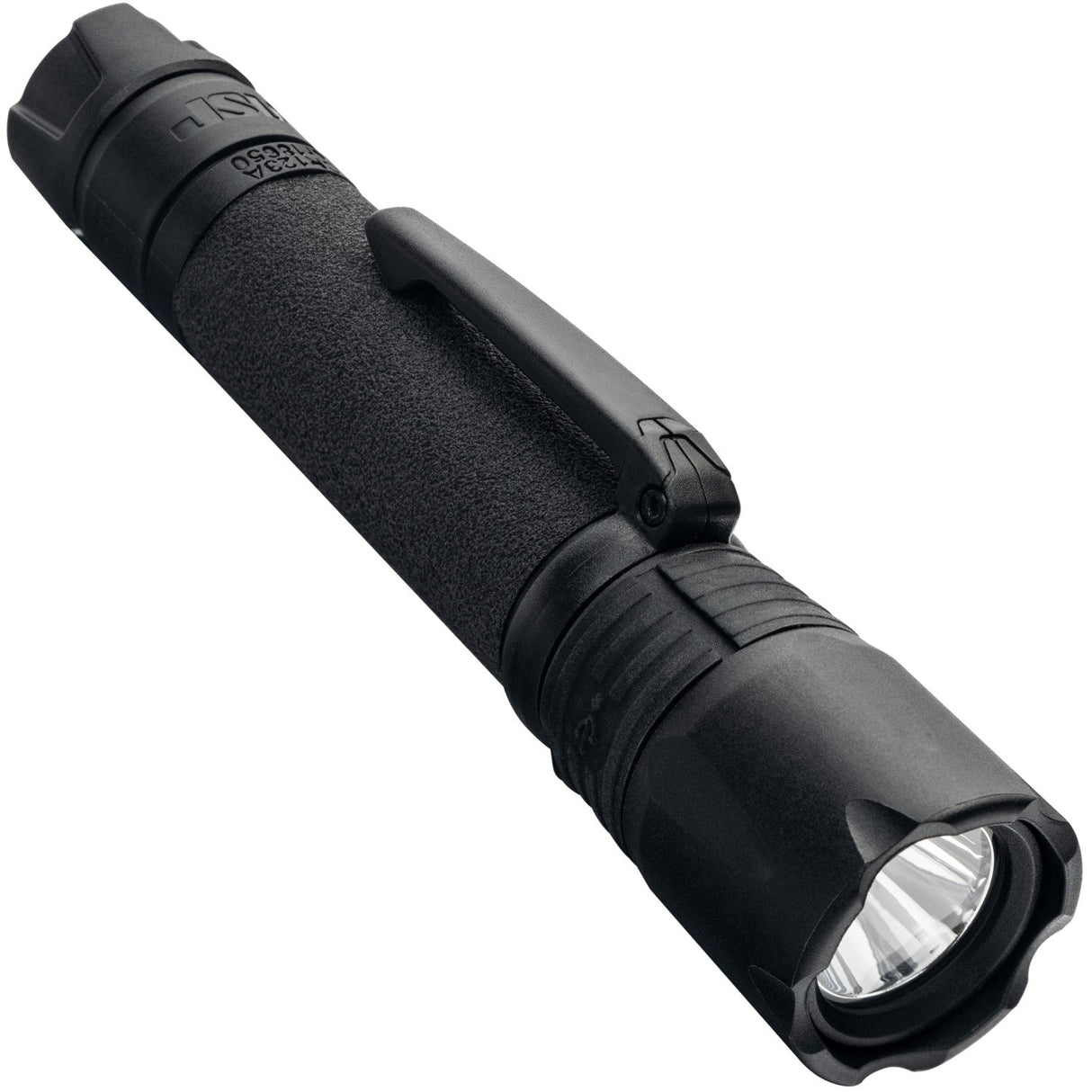 Close up view of ASP Poly DF Police Duty Rechargeable LED Flashlight with clip