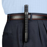 An ASP Protector Friction Loc Expandable Clip-On Baton clipped on a belt