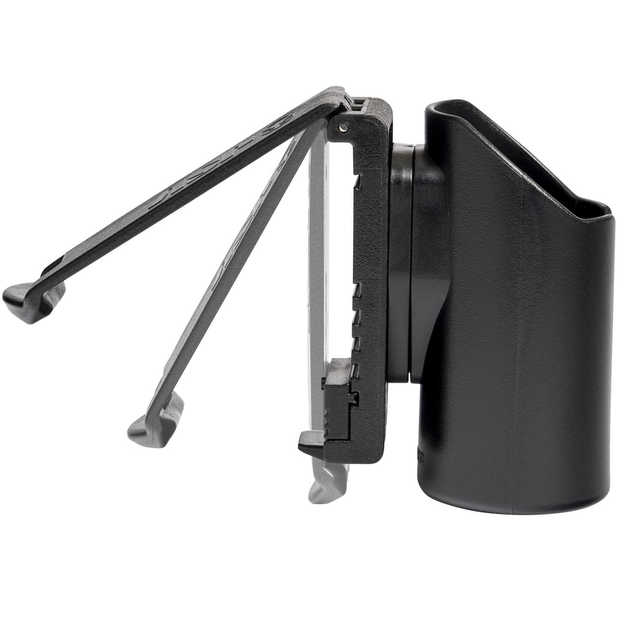 A side view of ASP Raptor Flashlight Tactical Light Case Holster showing its mount clip in multiple open positions 