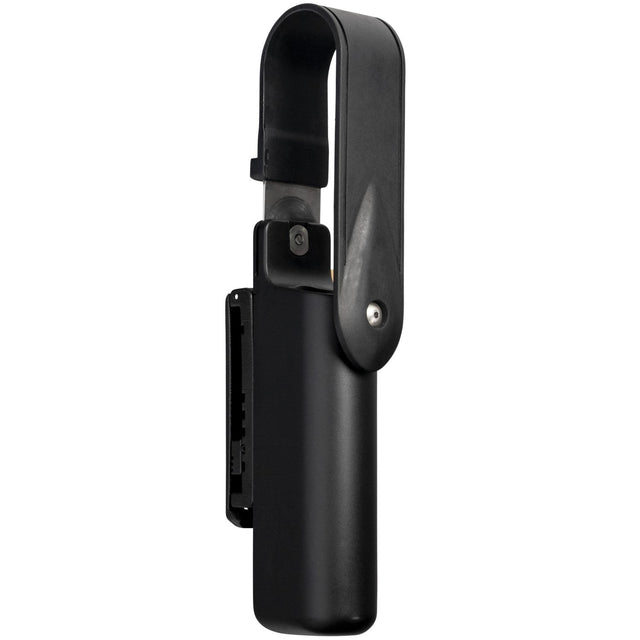 A black  ambidextrous ASP Revolution Talon Baton Retention Scabbard with a pivoting cover for a baton, featuring a metal buckle and strap adjustments.