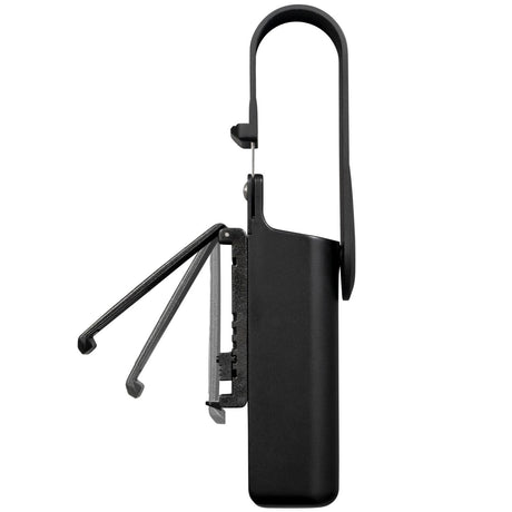 A side view of ASP Revolution Talon Baton Retention Scabbard showing its clip shown in multiple open positions