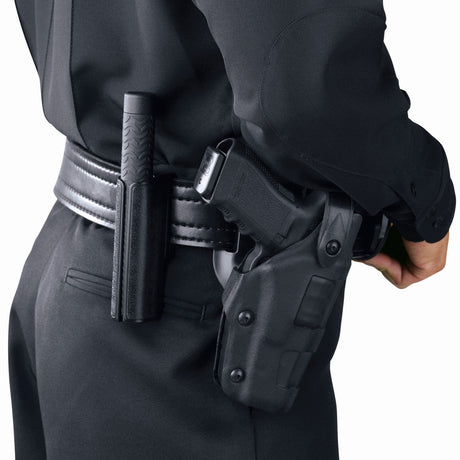 A police wearing a 16" ASP SideBreak Black Friction Loc Baton Scabbard on its belt with baton inside