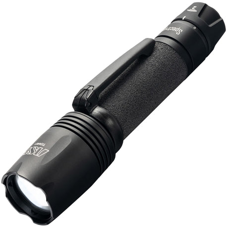 A close up view of black ASP Spectrum DF Police Duty Rechargeable LED Flashlight 300 lm