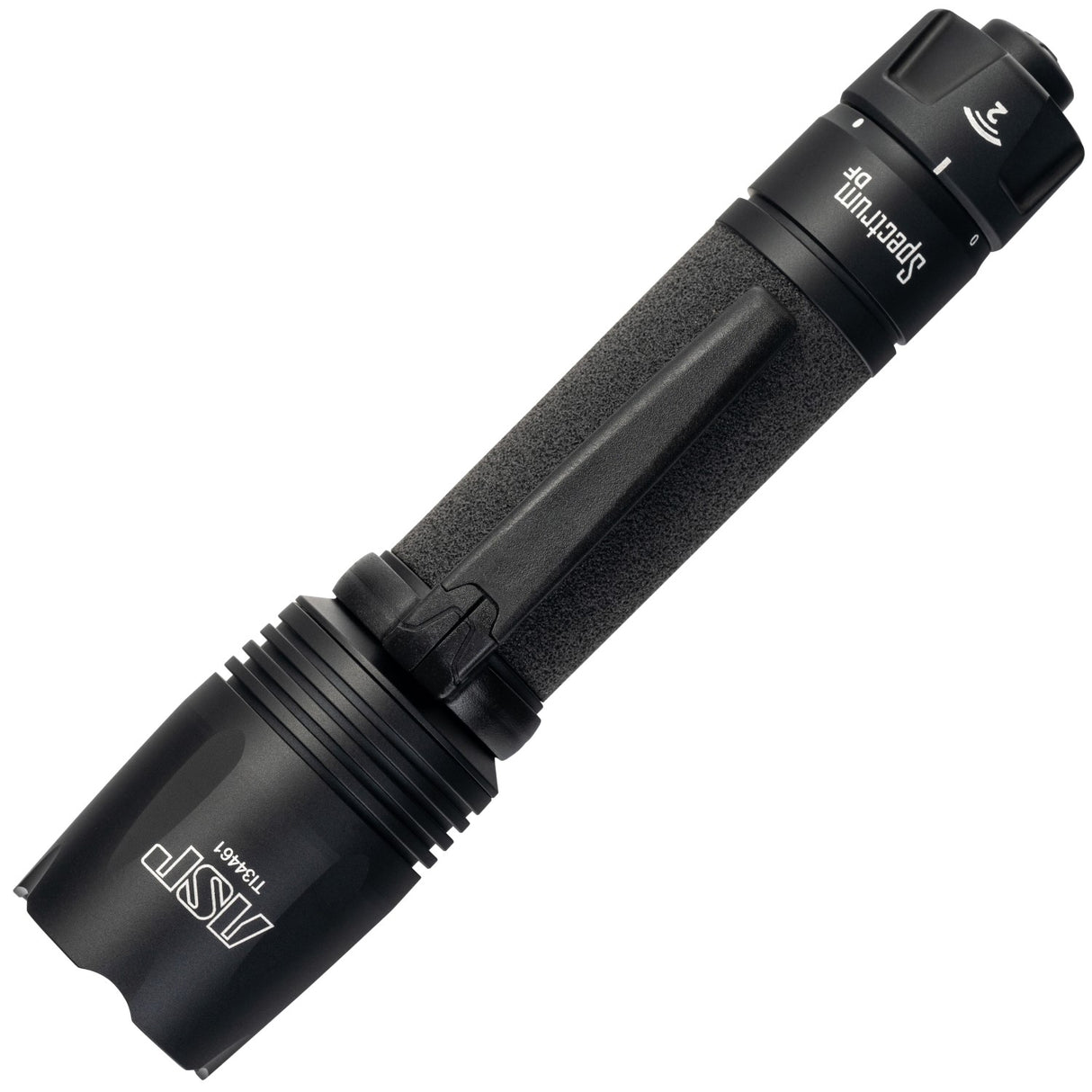 A close up view of ASP Spectrum DF Police Duty Rechargeable LED Flashlight 300 lm showing its clip