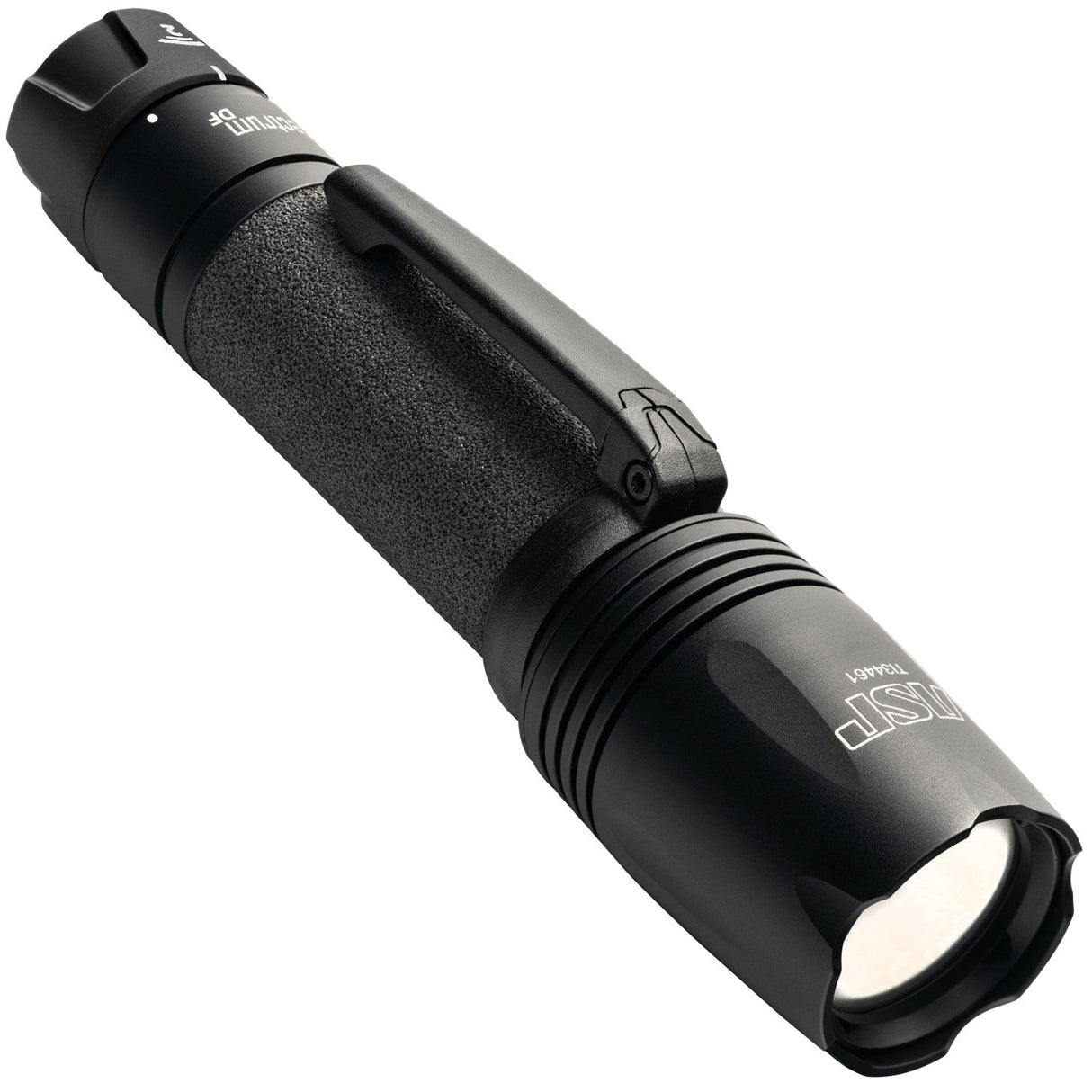 A close up view of ASP Spectrum DF Police Duty Rechargeable LED Flashlight 300 lm showing its clip
