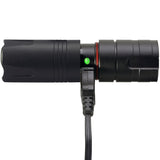 A side view of ASP Tungsten DF Rechargeable LED Flashlight 430 Lm showing the light indicator when charging cable is connected