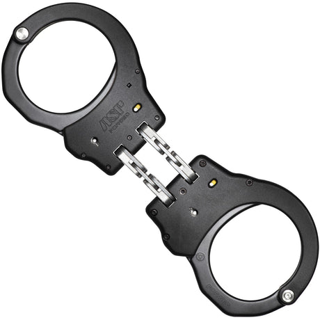 A pair of ASP Ultra Double Lock Aluminum Hinge Handcuffs in black color.