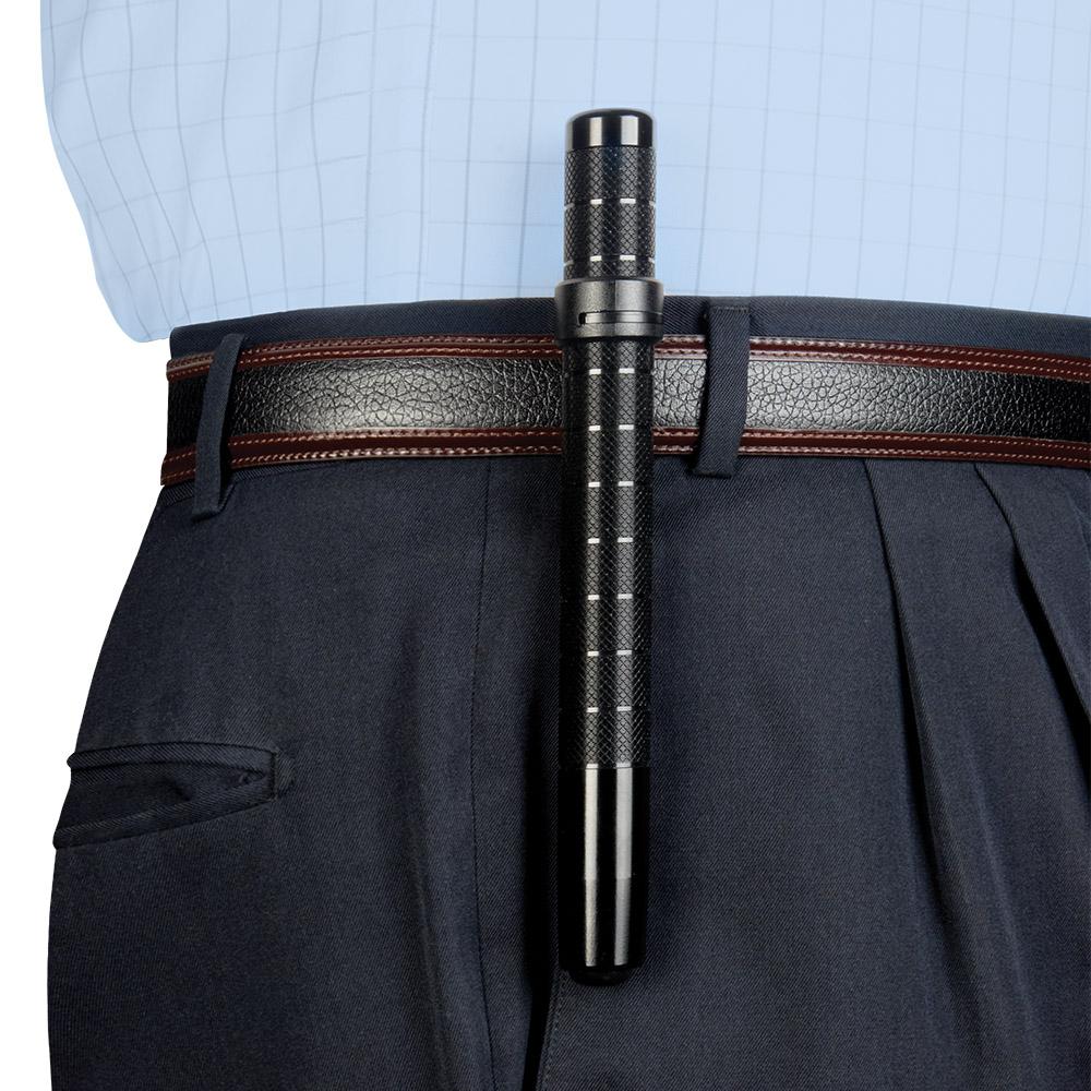 An ASP Protector Friction Loc Expandable Clip-On Baton clipped on a belt