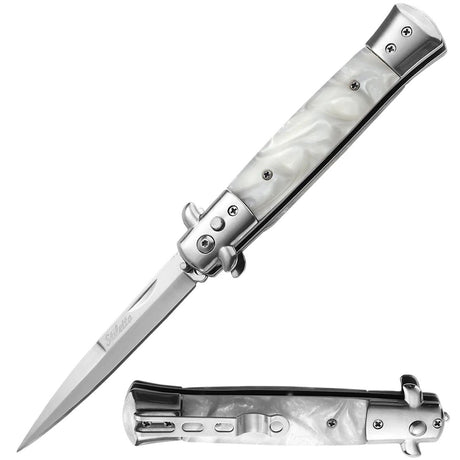 Automatic OTS Stainless Steel Stiletto Knife w/ Safety Lock both shown closed and open position