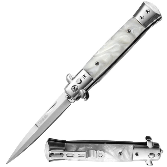 Automatic OTS Stainless Steel Stiletto Knife w/ Safety Lock both shown closed and open position